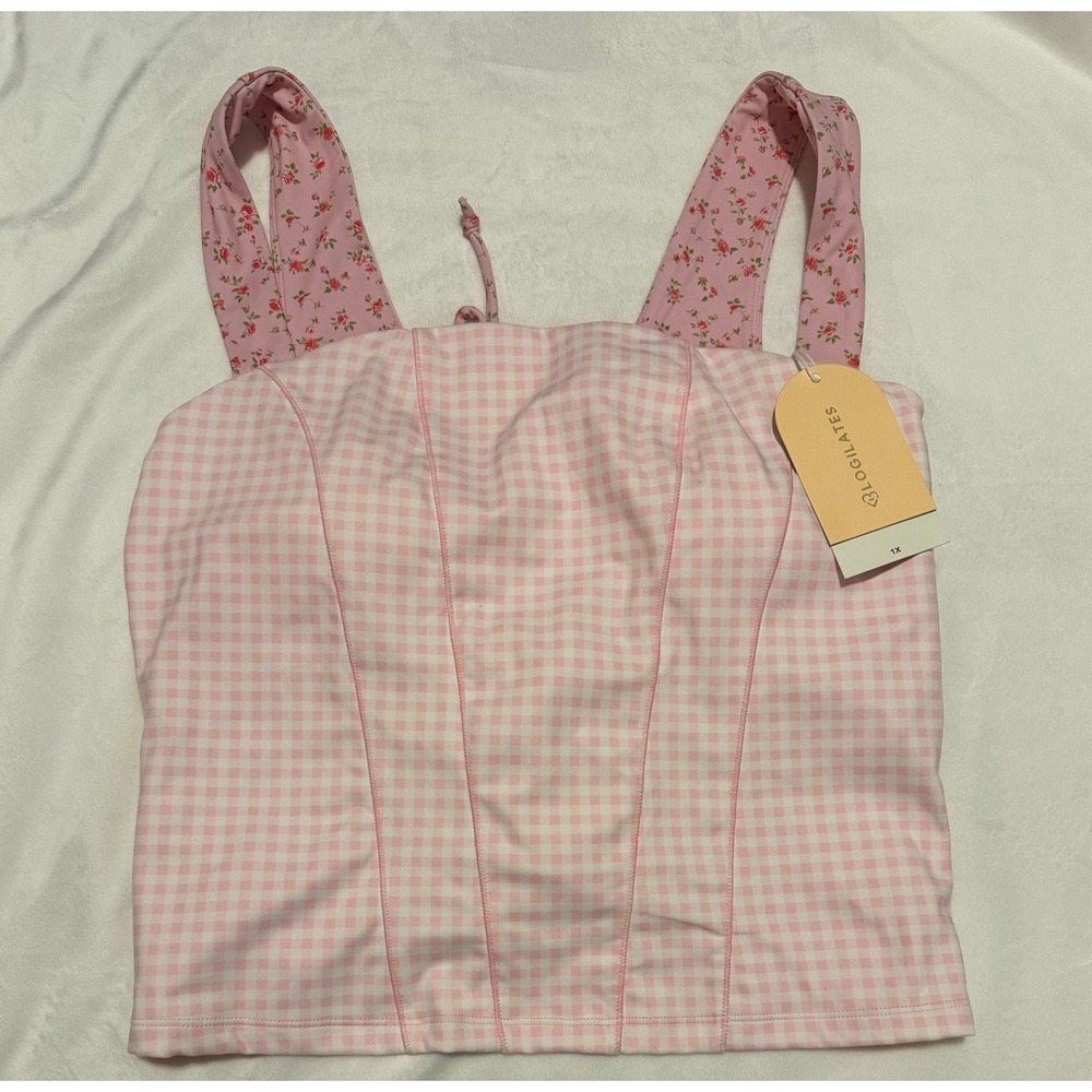 Blogilates Tiny Bows Corset Tank Pink Gingham Floral 1X NWT